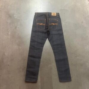 Nudie dry orange selvage men's dark wash slim jeans straight 30